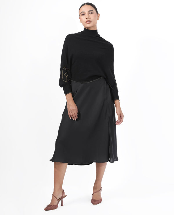 Rareism Women Sabel Black Viscose Fabric Full Sleeves Turtle Neck Kimono Sleeve Relaxed Fit Plain Cropped Sweater