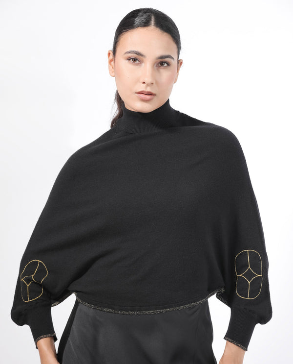 Rareism Women Sabel Black Viscose Fabric Full Sleeves Turtle Neck Kimono Sleeve Relaxed Fit Plain Cropped Sweater