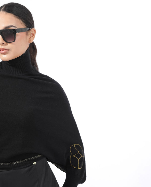 Rareism Women Sabel Black Viscose Fabric Full Sleeves Turtle Neck Kimono Sleeve Relaxed Fit Plain Cropped Sweater