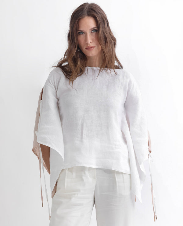 Rareism Women Safron White Linen Fabric Regular Fit Boat Neck Half Sleeves Solid Top