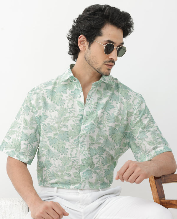 Rare Rabbit Mens Sage Pastel Green Viscose Nylon Fabric Blend Short Sleeve Boxy Fit Tropical Print Shirt