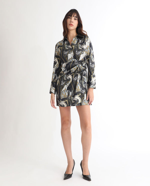 Rareism Women Sager Black Polyester Fabric Full Sleeves Tie-Up Closure Shirt Collar Regular Fit Abstract Print Short Wrap Dress