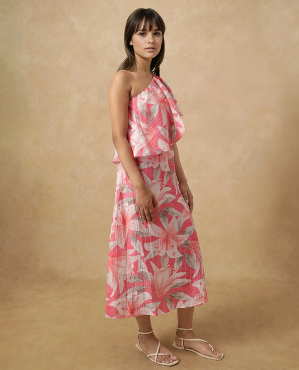 Rareism Women's Sailor Pink    One Shoulder Floral Print Fit And Flare Midi Dress
