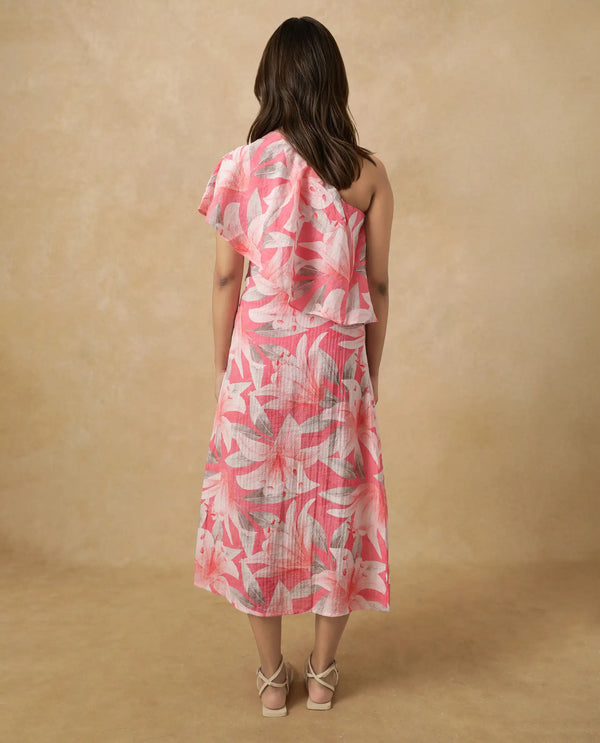 Rareism Women's Sailor Pink    One Shoulder Floral Print Fit And Flare Midi Dress