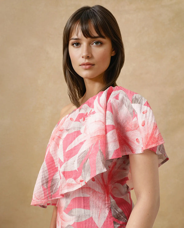 Rareism Women's Sailor Pink    One Shoulder Floral Print Fit And Flare Midi Dress