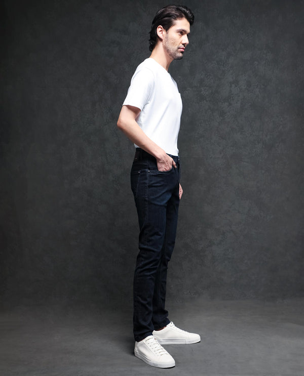 Rare Rabbit Men's Sain Dark Navy Cotton Polyester Fabric Dark Wash Mid-Rise Slim Fit Jeans