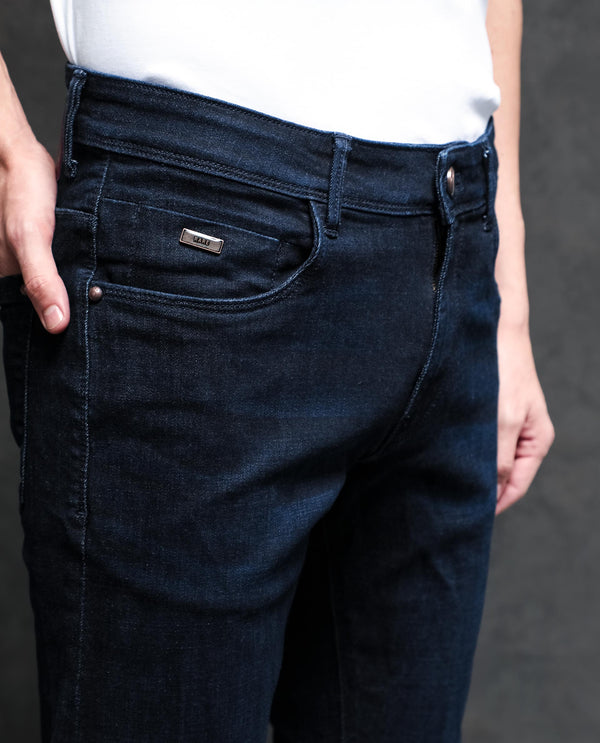 Rare Rabbit Men's Sain Dark Navy Cotton Polyester Fabric Dark Wash Mid-Rise Slim Fit Jeans