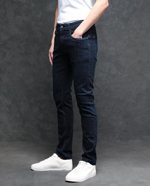 Rare Rabbit Men's Sain Dark Navy Cotton Polyester Fabric Dark Wash Mid-Rise Slim Fit Jeans