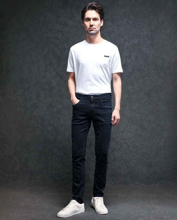 Rare Rabbit Men's Sain Dark Navy Cotton Polyester Fabric Dark Wash Mid-Rise Slim Fit Jeans