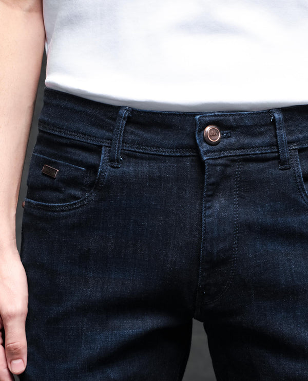 Rare Rabbit Men's Sain Dark Navy Cotton Polyester Fabric Dark Wash Mid-Rise Slim Fit Jeans