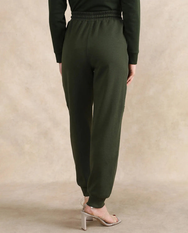Rareism Women Saints Olive Cotton Blend Fabric Ankle Length Plain Track Pant