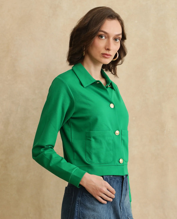 Rareism Women Sakaryan Green Cotton Viscose Fabric Full Sleeve Collared Neck Button Closure Relaxed Fit Plain Shirt