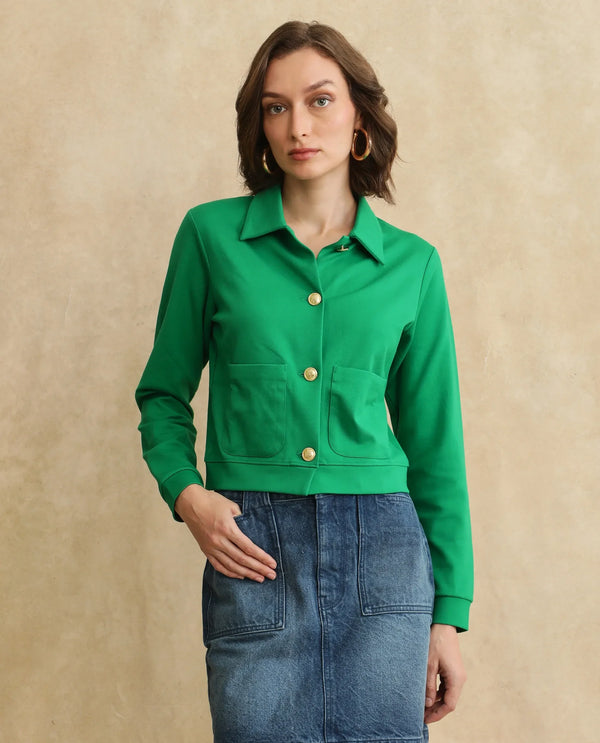 Rareism Women Sakaryan Green Cotton Viscose Fabric Full Sleeve Collared Neck Button Closure Relaxed Fit Plain Shirt