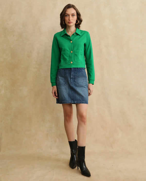 Rareism Women Sakaryan Green Cotton Viscose Fabric Full Sleeve Collared Neck Button Closure Relaxed Fit Plain Shirt
