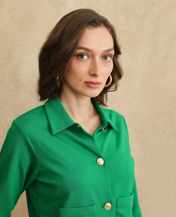Rareism Women Sakaryan Green Cotton Viscose Fabric Full Sleeve Collared Neck Button Closure Relaxed Fit Plain Shirt