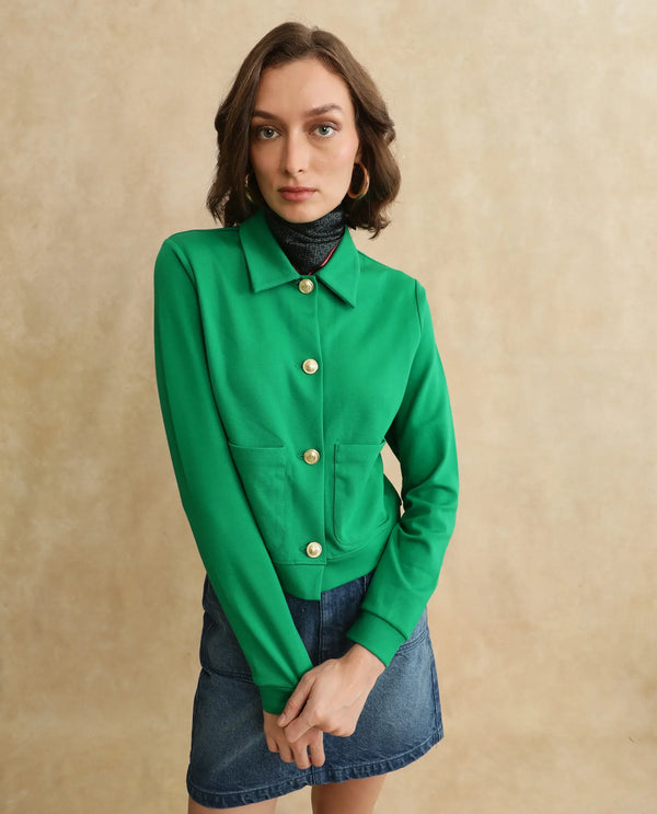Rareism Women Sakaryan Green Cotton Viscose Fabric Full Sleeve Collared Neck Button Closure Relaxed Fit Plain Shirt