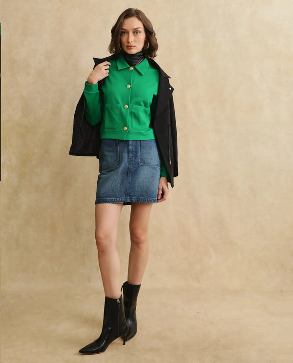 Rareism Women Sakaryan Green Cotton Viscose Fabric Full Sleeve Collared Neck Button Closure Relaxed Fit Plain Shirt