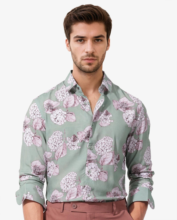 Rare Rabbit Mens Sakura Dusky Green Cotton Full Sleeve Decorative Print Shirt