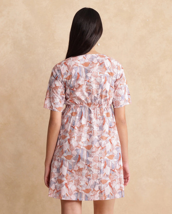 Rareism Women Salao Multi Short Sleeves V-Neck Zip Closure Fit And Flare Knee Length Abstract Print Dress
