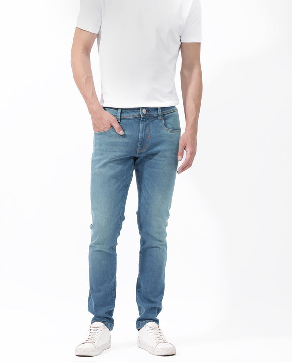 Rare Rabbit Men's Salar Pastel Blue Slim Fit Mid Rise Mild Wash With Mild Whiskers Jeans