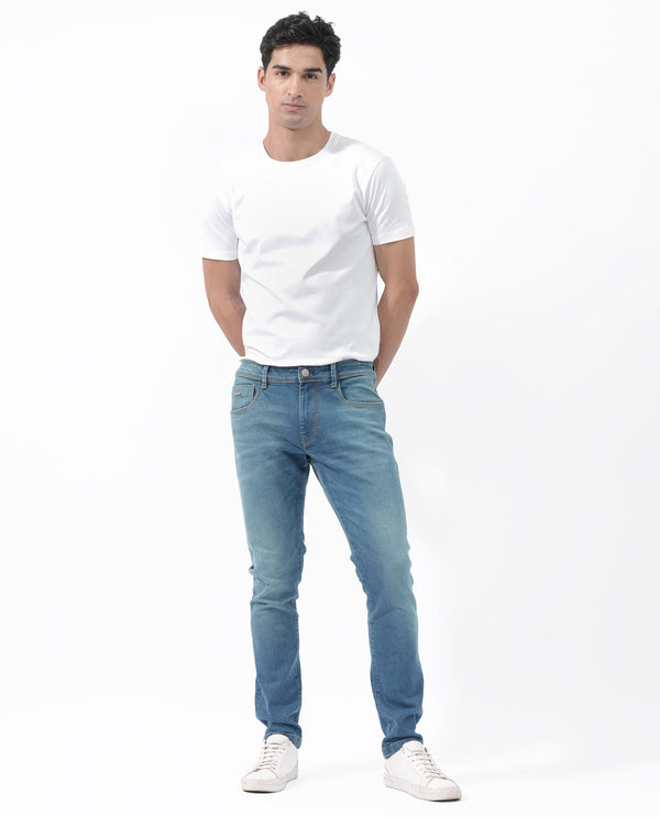 Rare Rabbit Men's Salar Pastel Blue Slim Fit Mid Rise Mild Wash With Mild Whiskers Jeans
