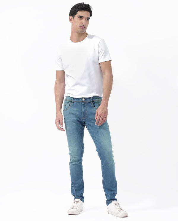 Rare Rabbit Men's Salar Pastel Blue Slim Fit Mid Rise Mild Wash With Mild Whiskers Jeans