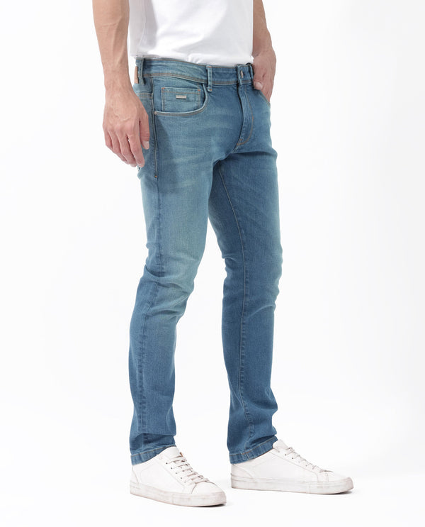 Rare Rabbit Men's Salar Pastel Blue Slim Fit Mid Rise Mild Wash With Mild Whiskers Jeans
