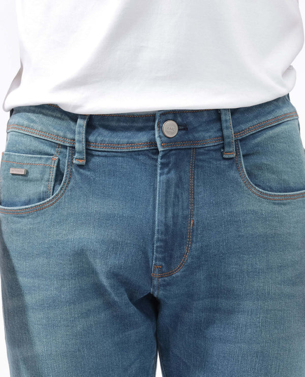 Rare Rabbit Men's Salar Pastel Blue Slim Fit Mid Rise Mild Wash With Mild Whiskers Jeans