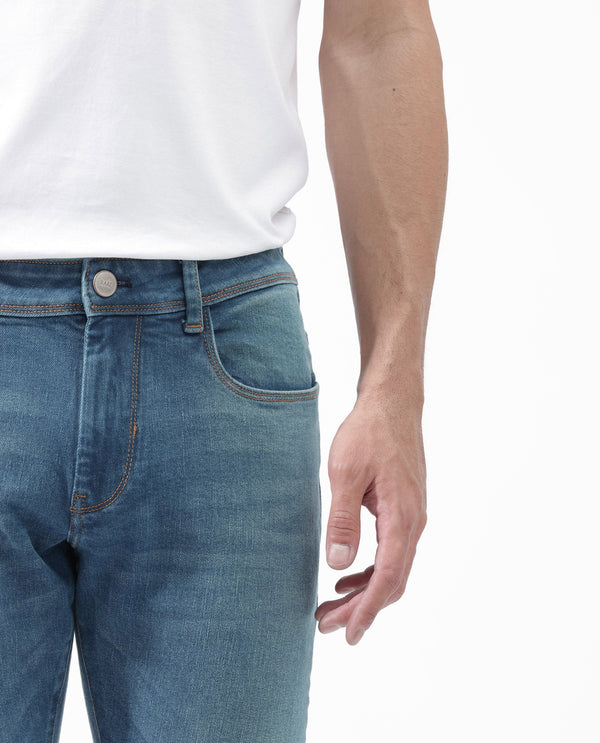 Rare Rabbit Men's Salar Pastel Blue Slim Fit Mid Rise Mild Wash With Mild Whiskers Jeans