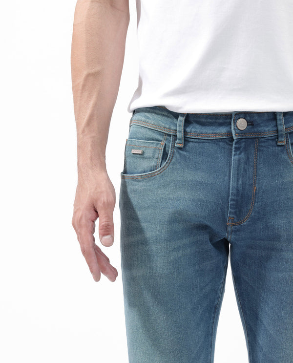 Rare Rabbit Men's Salar Pastel Blue Slim Fit Mid Rise Mild Wash With Mild Whiskers Jeans