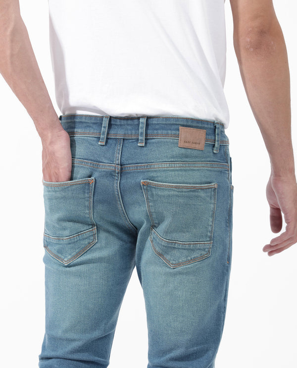 Rare Rabbit Men's Salar Pastel Blue Slim Fit Mid Rise Mild Wash With Mild Whiskers Jeans