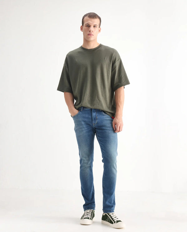Rare Rabbit Men's Salar Pastel Blue Slim Fit Mid Rise Mild Wash With Mild Whiskers Jeans