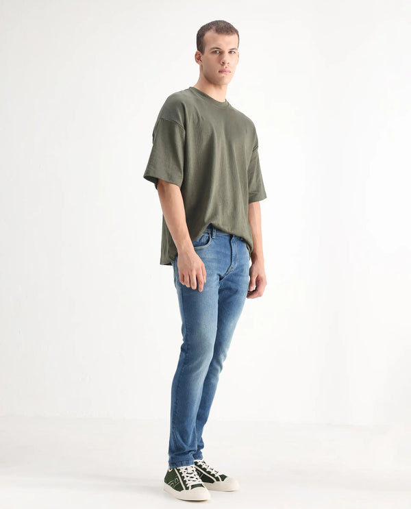 Rare Rabbit Men's Salar Pastel Blue Slim Fit Mid Rise Mild Wash With Mild Whiskers Jeans