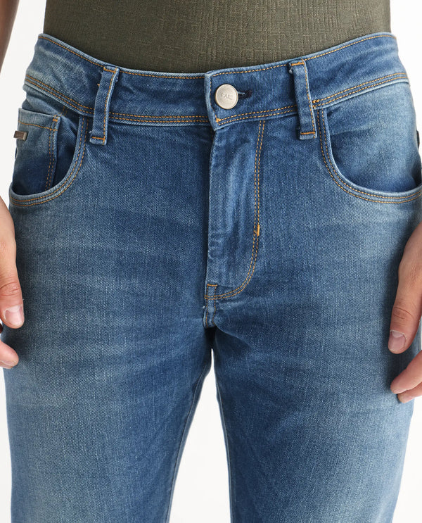 Rare Rabbit Men's Salar Pastel Blue Slim Fit Mid Rise Mild Wash With Mild Whiskers Jeans