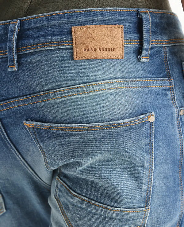 Rare Rabbit Men's Salar Pastel Blue Slim Fit Mid Rise Mild Wash With Mild Whiskers Jeans
