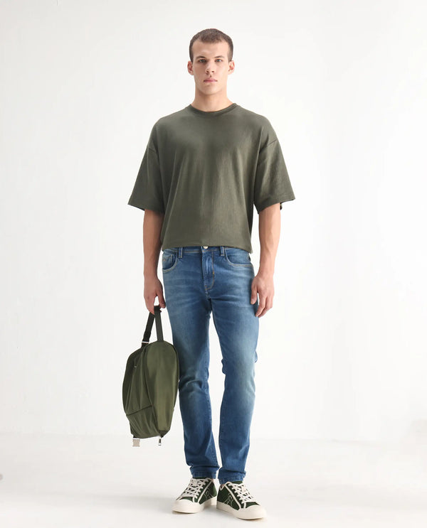 Rare Rabbit Men's Salar Pastel Blue Slim Fit Mid Rise Mild Wash With Mild Whiskers Jeans
