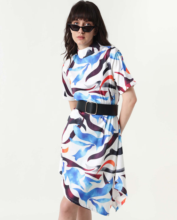 Rareism Women Saler White Abstract Band Collar Short Sleeves With Pockets Asymmetric Knee Length Dress