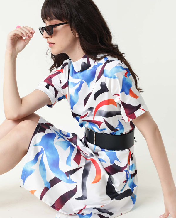 Rareism Women Saler White Abstract Band Collar Short Sleeves With Pockets Asymmetric Knee Length Dress
