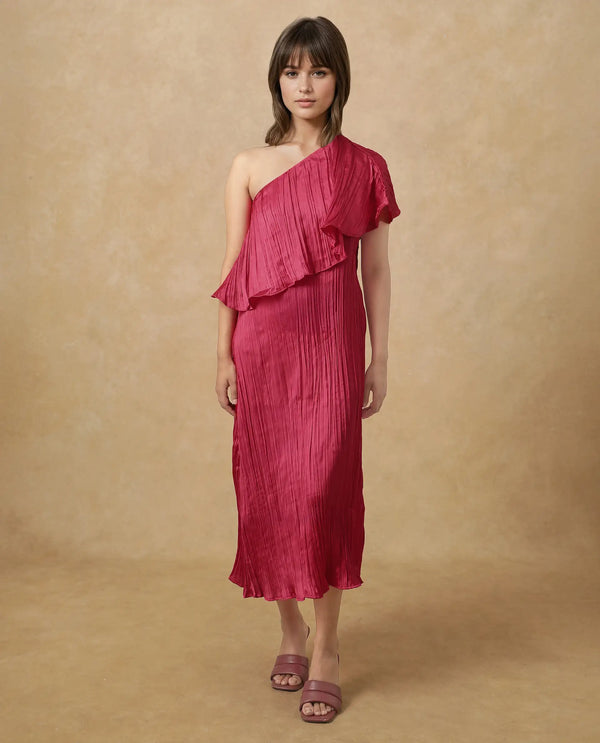 Rareism Women's Salerno Red    One Shoulder Plain Fit And Flare Midi Dress