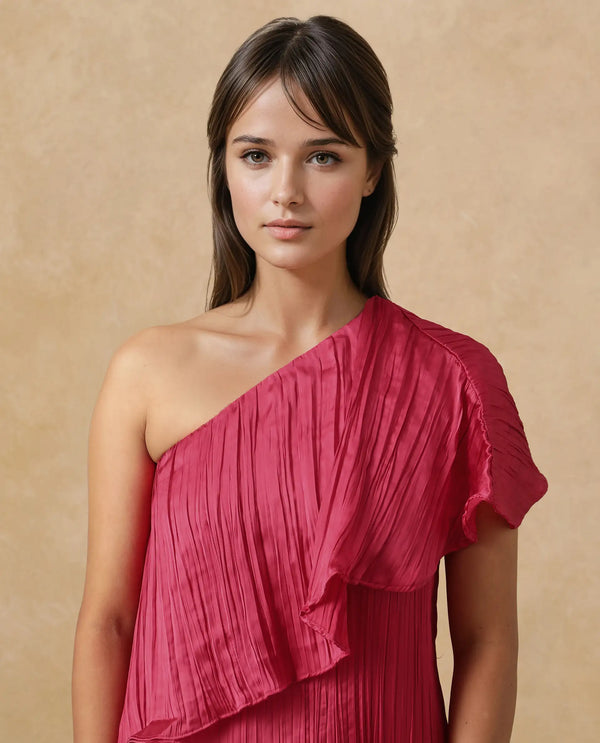 Rareism Women's Salerno Red    One Shoulder Plain Fit And Flare Midi Dress