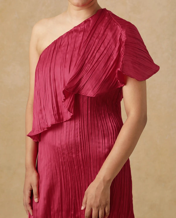 Rareism Women's Salerno Red    One Shoulder Plain Fit And Flare Midi Dress