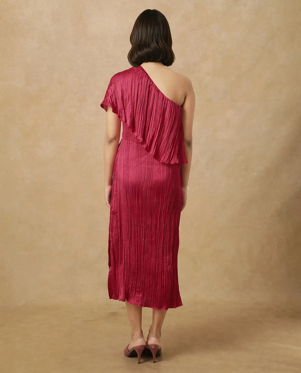 Rareism Women's Salerno Red    One Shoulder Plain Fit And Flare Midi Dress