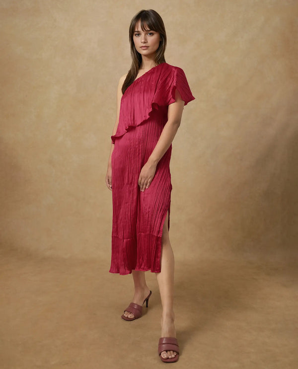 Rareism Women's Salerno Red    One Shoulder Plain Fit And Flare Midi Dress