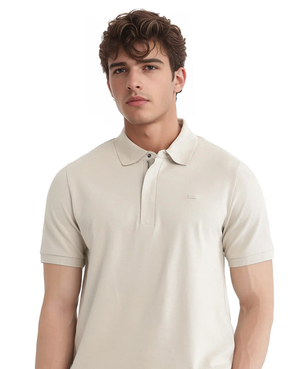 Rare Rabbit Men Salis-25 Beige Cotton Blend Fabric Short Sleeve Collared Neck Zipper/Snap Closure Plain Polo