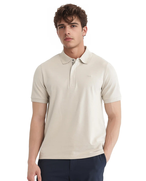 Rare Rabbit Men Salis-25 Beige Cotton Blend Fabric Short Sleeve Collared Neck Zipper/Snap Closure Plain Polo