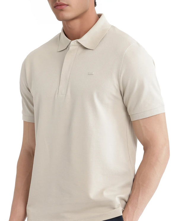 Rare Rabbit Men Salis-25 Beige Cotton Blend Fabric Short Sleeve Collared Neck Zipper/Snap Closure Plain Polo