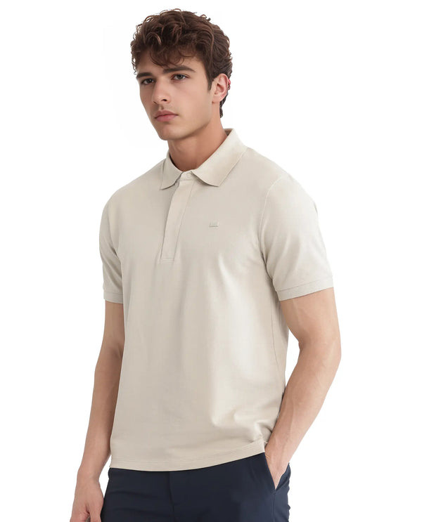 Rare Rabbit Men Salis-25 Beige Cotton Blend Fabric Short Sleeve Collared Neck Zipper/Snap Closure Plain Polo
