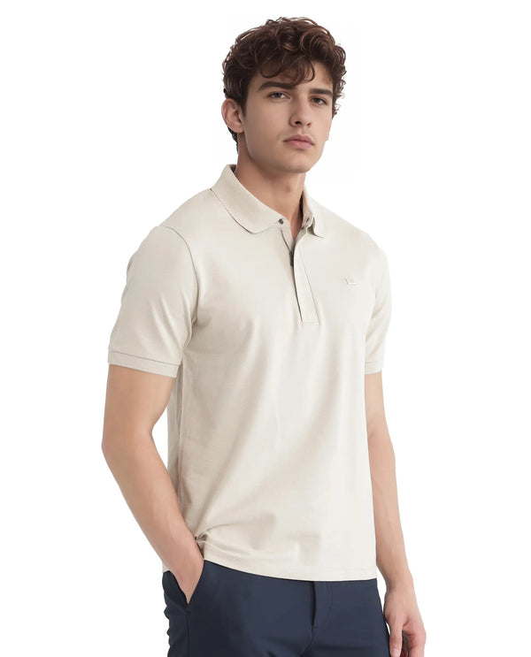 Rare Rabbit Men Salis-25 Beige Cotton Blend Fabric Short Sleeve Collared Neck Zipper/Snap Closure Plain Polo
