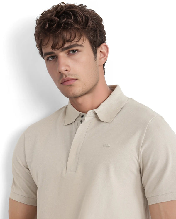 Rare Rabbit Men Salis-25 Beige Cotton Blend Fabric Short Sleeve Collared Neck Zipper/Snap Closure Plain Polo