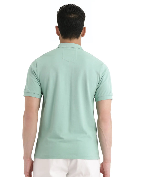 Rare Rabbit Men Salis-25 Green Cotton Blend Fabric Short Sleeve Collared Neck Zipper/Snap Closure Plain Polo
